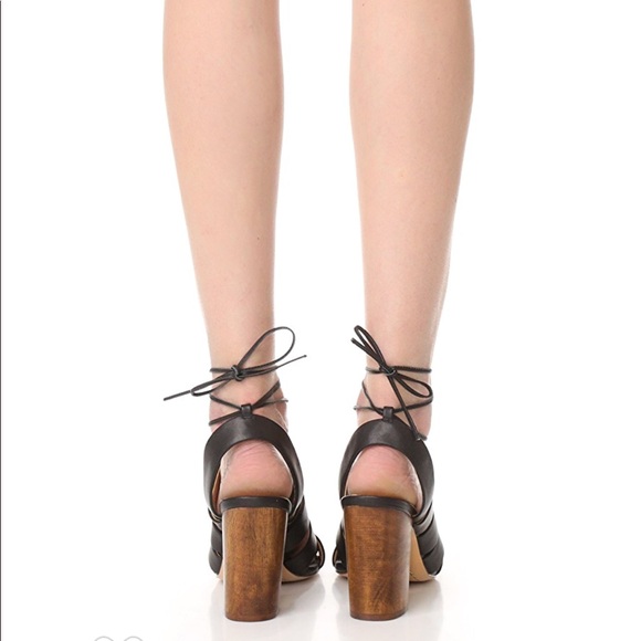 Black Leather Caged Lace Up Wooden Heel Sandal - Picture 3 of 4